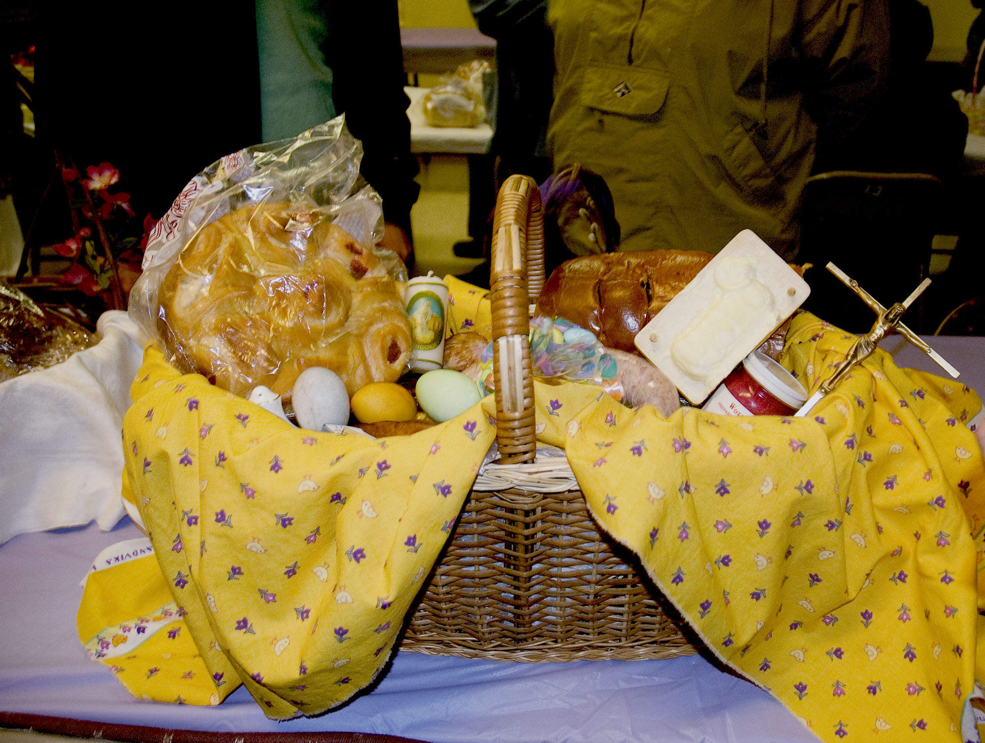 Wicker basket holding Easter foods.