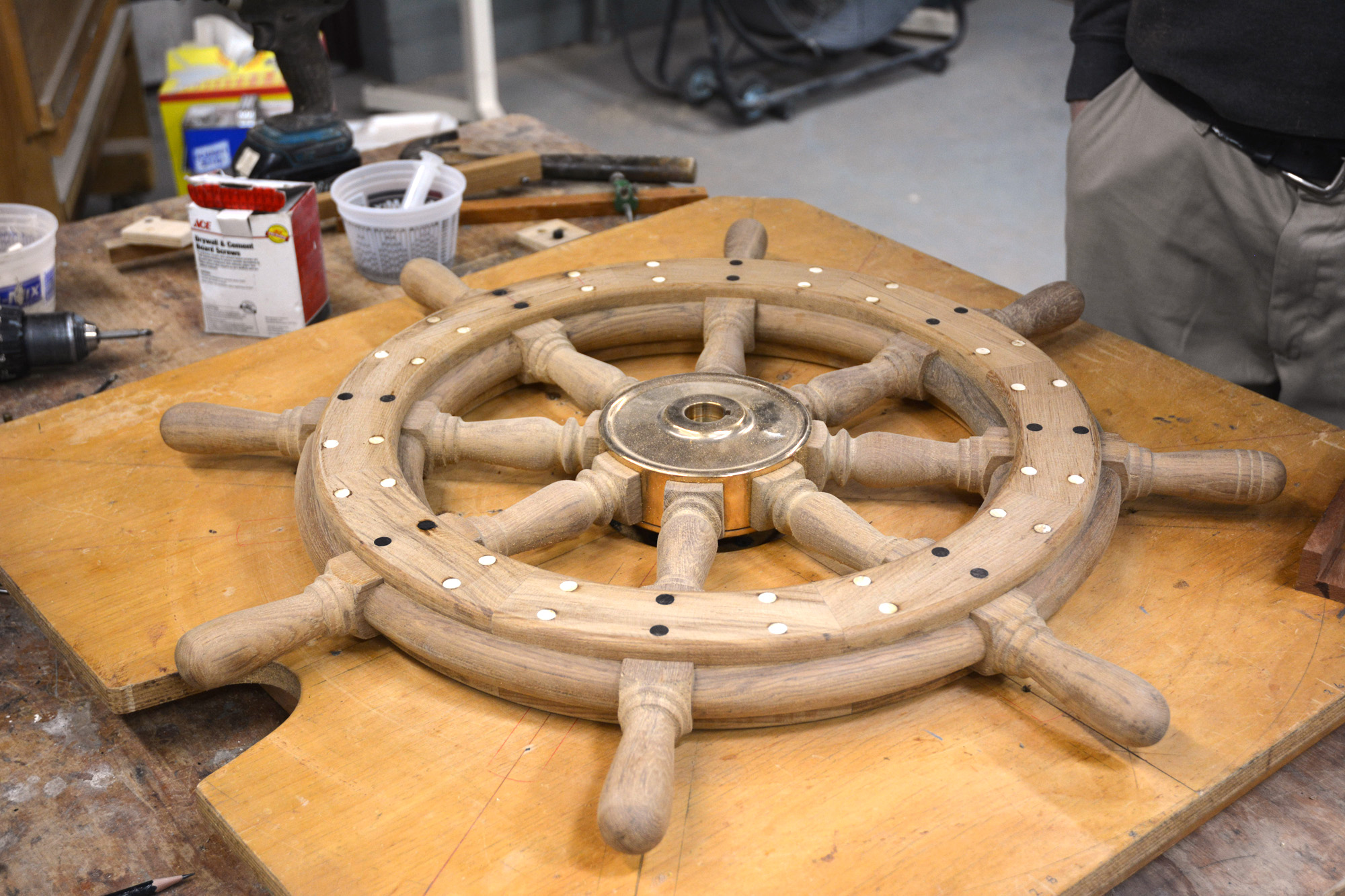 Eight-spoke wheel being made by apprentice John O’Rourke.