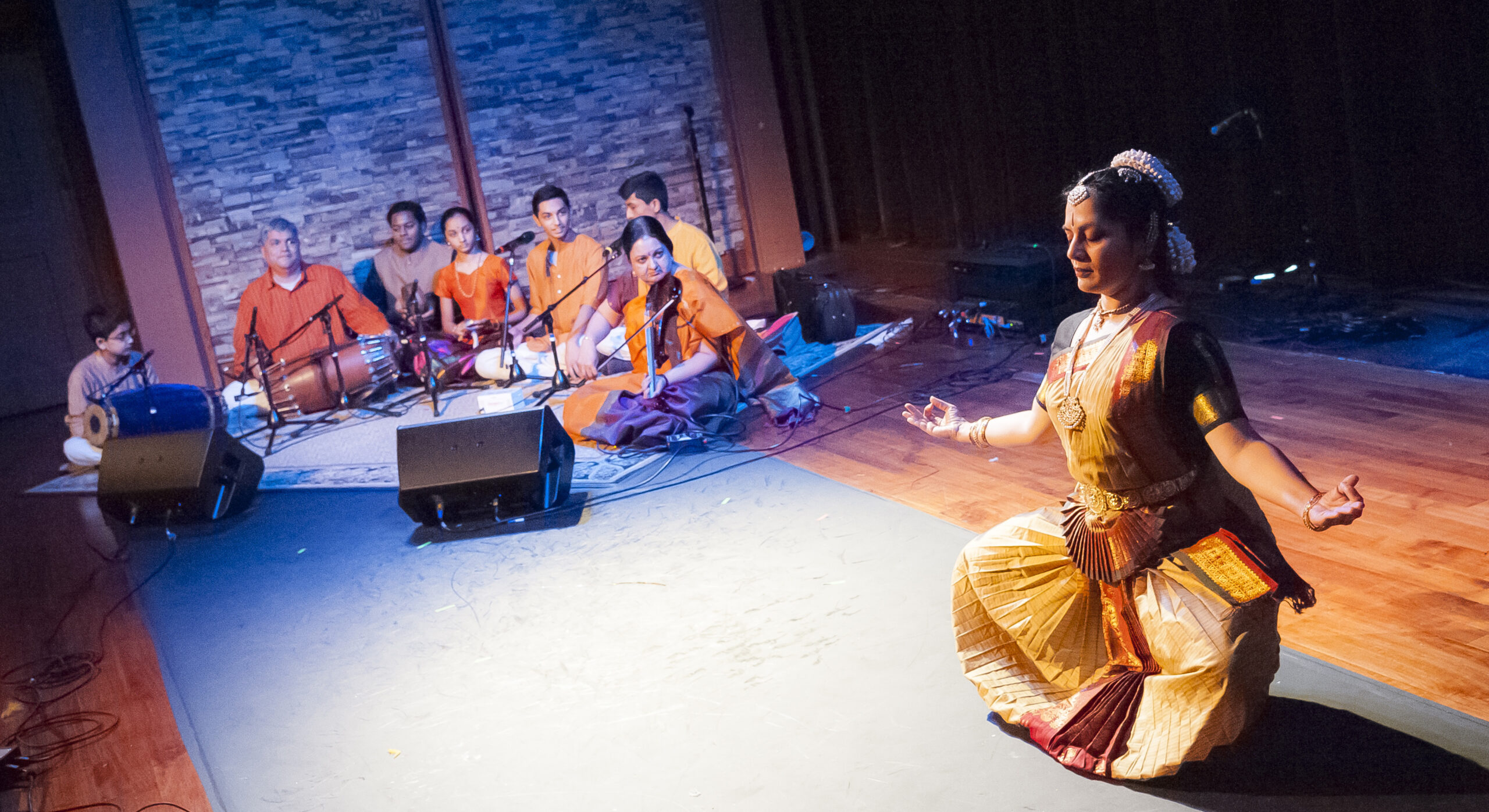 South Indian Carnatic master musicians and apprentices. Bharatanatyam dancer Sridevi Thirumalai.
