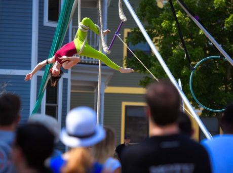 Aerial artist performing at a festival in Somerville.