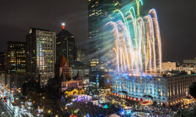 Fireworks going off over Copley Square in Boston at First Night.