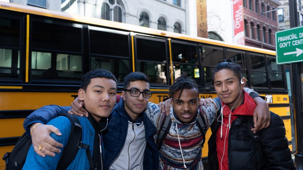 Students going to see Hamilton in Boston, supported in part by Big Yellow School Bus.