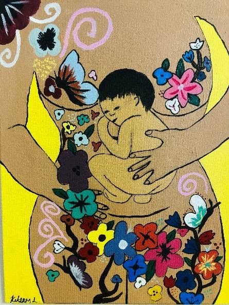 Painting of a woman's torso covered in flowers, her arms holding an infant lying on her belly.