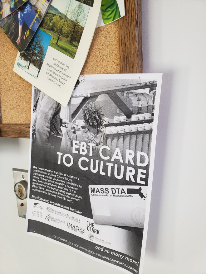 An EBT Card to Culture flyer on a bulletin board at The Hitchcock Center for the Environment.