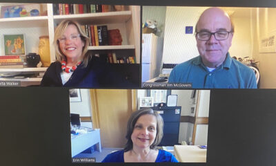 Screen shot of the zoom Town Hall Forum with Congressman Jim McGovern, Anita Walker and Erin Williams