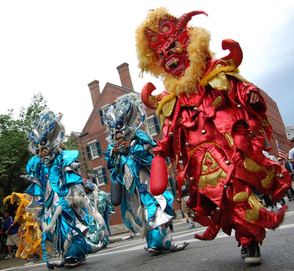 Asociación Carnavalesca de Massachusetts performing in Lowell, Massachusetts. Photo: Greg Cook.