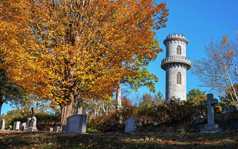The Washington Tower and headstones at the Mount Auburn Cemetery