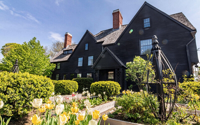 Front facade of the House of the Seven Gables and gardens