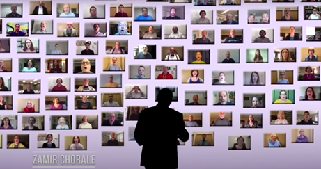 a black silhouette of a man is overlaid a "wall" of dozens of zoom screens, each one showing a singer 
