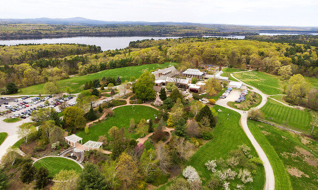 Aerial view of grounds of the Tower Hill Botanic Garden