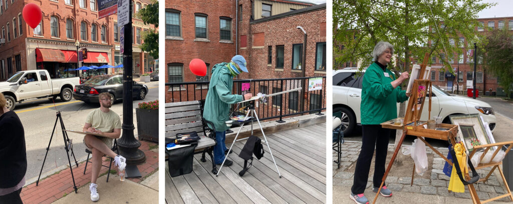 Three pictures of people doing plein air painting in Haverhill: In one, a man sitting in a chair on a busy sidewalk painting. In another a man stands on a wooden walkway painting. In the third, a woman stands next to a parking lot painting.