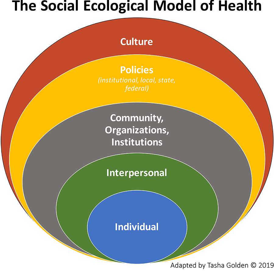 five overlapping ovals - the smallest "individual", then "interpersonal", then "community/organizations/institutions", then "policies", then "culture" being the largest oval