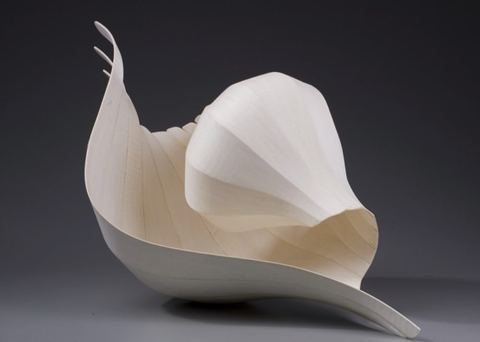 sculpture made of a thin wood shaving in the shape of a shell