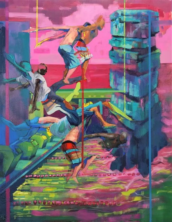 expressive painting in oil and acrylic with overlapping figures in various stages of diving and jumping from a column of uneven rocks