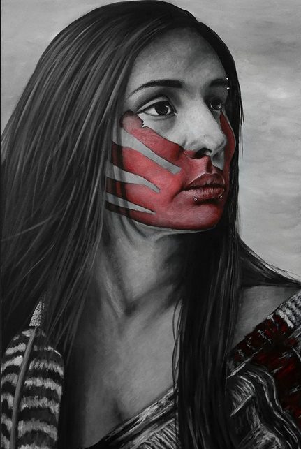 photo of a black and white painting of a Native woman with a red-painted handprint over her mouth and face - by Nayana LaFond 