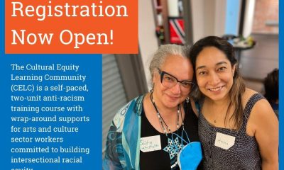 graphic with a photo of two smiling people with text - Registration now open - The Cultural Equity Learning Community (CELC) is a self-paced, two-unit anti-racism training course with wrap-around supports for arts and culture sector workers committed to building intersectional racial equity. Learn more and join us at www.culturalequity.org