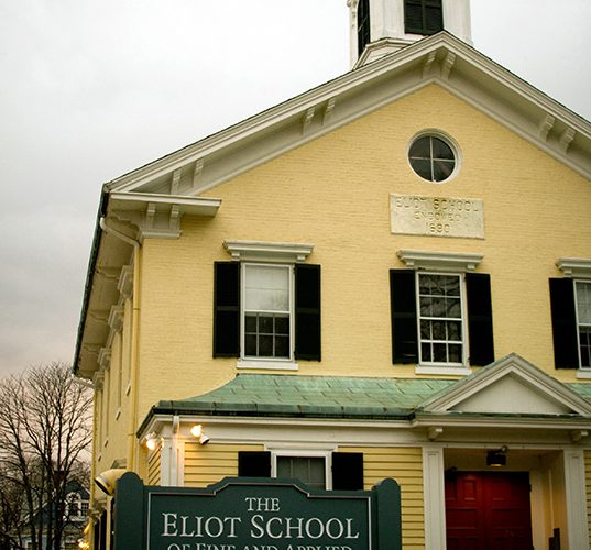 Front exterior and sign at the Eliot Schoolhouse