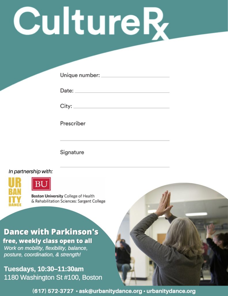 image of a form for a social prescription, including fields for unique ID, date, city, prescriber, and signature. A logo of the cultural organization and a photo of some one participating in that organization's program
