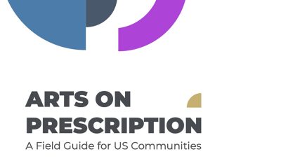 cover for Arts on Prescription Field Guide - geometric shapes fill the top part of the image and a row of logos is along the bottom