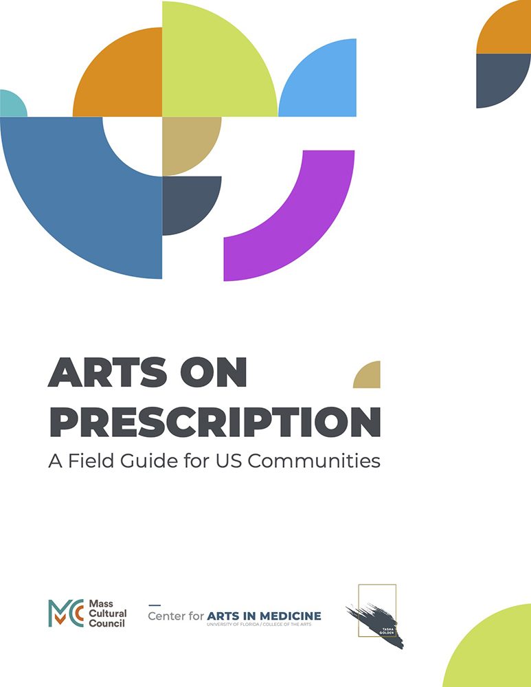 cover for Arts on Prescription Field Guide - geometric shapes fill the top part of the image and a row of logos is along the bottom