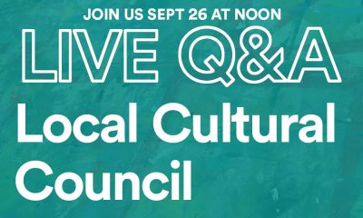 Graphic with the text: Join us sept 26 at noon. Live Q&A about Local Cultural Council Grants.