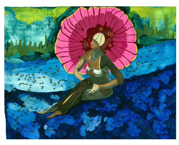 Watercolor painting of an African American woman in a bathing suit and swim cap sitting in deep blue water, with a vibrant pink flower framing her head like a halo.