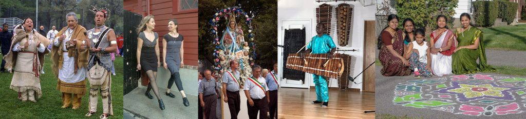 a series of 5 images (left-right): Three Aquinnah Wampanoag adults in regalia singing at fish weir celebration,  two women doing Irish step dancing on Cambridge city sidewalk, group of Italian men leading a procession of the Altar of Saint Mary of Carmen, man standing playing the West African balafon in a rehearsal space, group of four South Asian women and one child kneeling aside their recently made kolam design on a driveway.