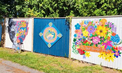 photo of 3 large fence panels, each painted differently. one is a human face that's painted half in black and white and half in vibrant colors, next to that is a peacock blue panel with a diamond-shaped panel in its center. on that diamond is a painting of a peacock in a mosaic style. the last panel is covered almost entirely by a painting of a brilliant bouquet of flowers with the phrase the most beautiful flower underneath.