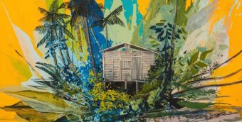 Striking and vibrant painting of a beach shack with an abstracted burst of colors and foliage.