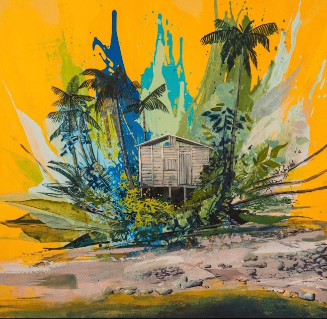 Striking and vibrant painting of a beach shack with an abstracted burst of colors and foliage. 