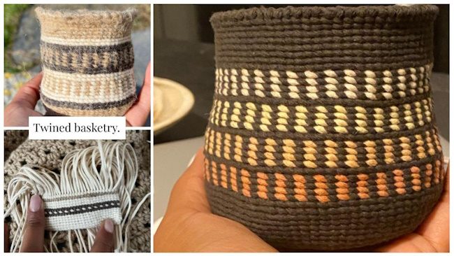 Photograph of three samples of baskets made by twining, a finger-weaving technique.