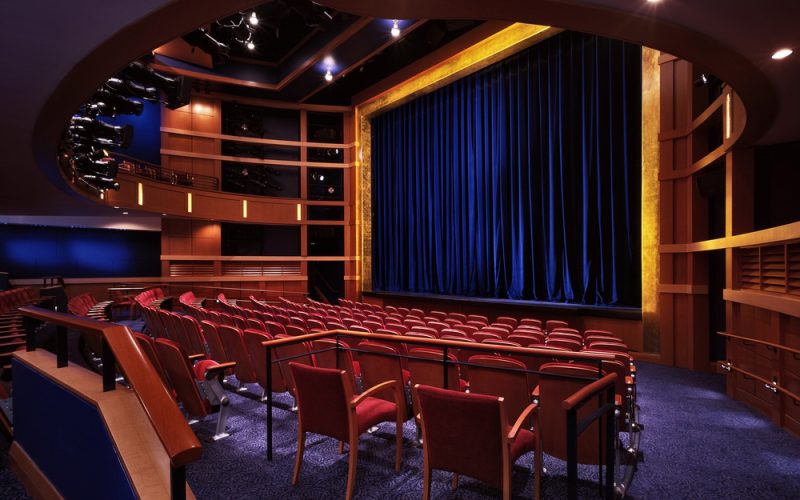 View of the stage and seating in the Wimberly Theatre at the Calderwood Pavilion