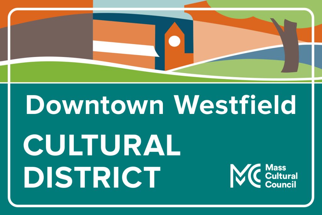 artwork for a street sign with the words Downtown Westfield Cultural District and blocky imagery in solid colors depicting an abstract town square.