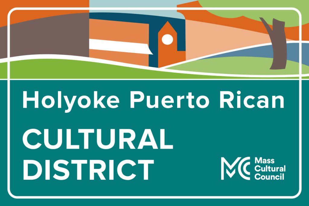 artwork for a street sign with the words Holyoke Puerto Rican Cultural District and blocky imagery in solid colors depicting an abstract town square.