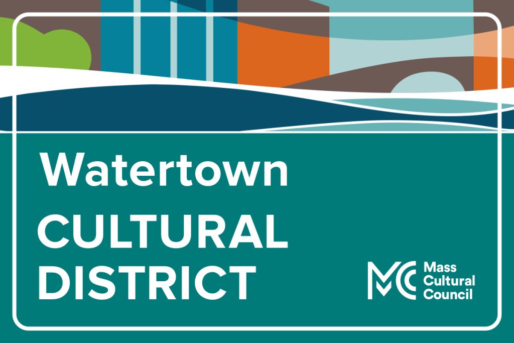 artwork for a street sign with the words Watertown Cultural District and blocky imagery in solid colors depicting an abstract city scape.