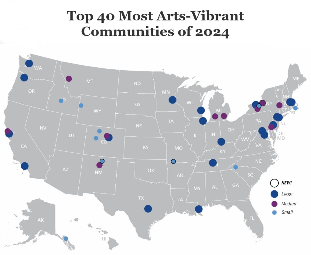 a graphic of the United States with small, medium, and large dots marking the 40 most arts-vibrant communities