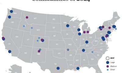 a graphic of the United States with small, medium, and large dots marking the 40 most arts-vibrant communities