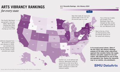 heat map of the U.S. in varying shades of purple to designate arts vibrancy.