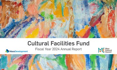 image of the cover of the 2024 Cultural Facilities Fund Annual Report. That text sits atop a detail of an abstract painting with thick strokes of orange and blue and green.