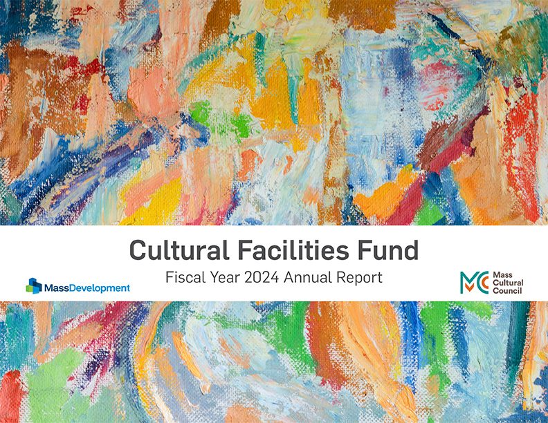 image of the cover of the 2024 Cultural Facilities Fund Annual Report. That text sits atop a detail of an abstract painting with thick strokes of orange and blue and green.