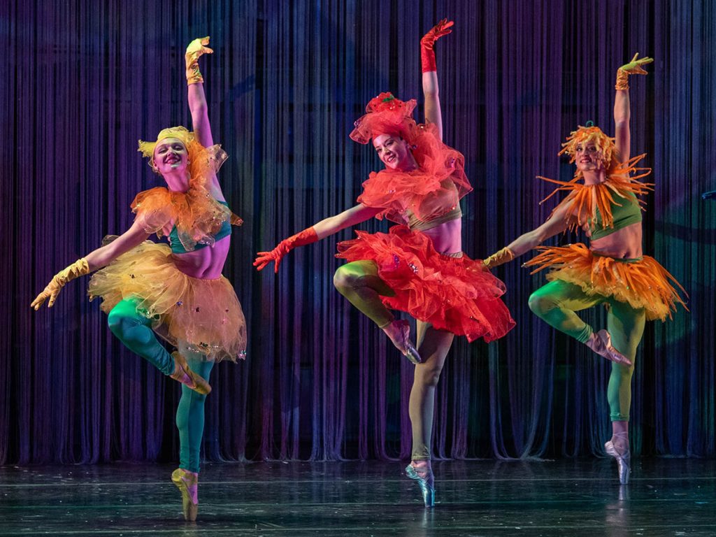 photo of 3 ballerinas dressed as richly colored flowers holding a passé position.