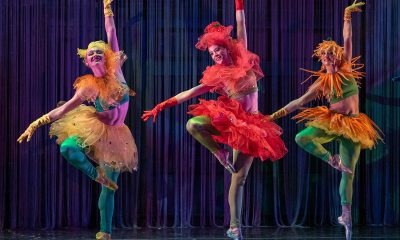 photo of 3 ballerinas dressed in rich colors holding a passé position.