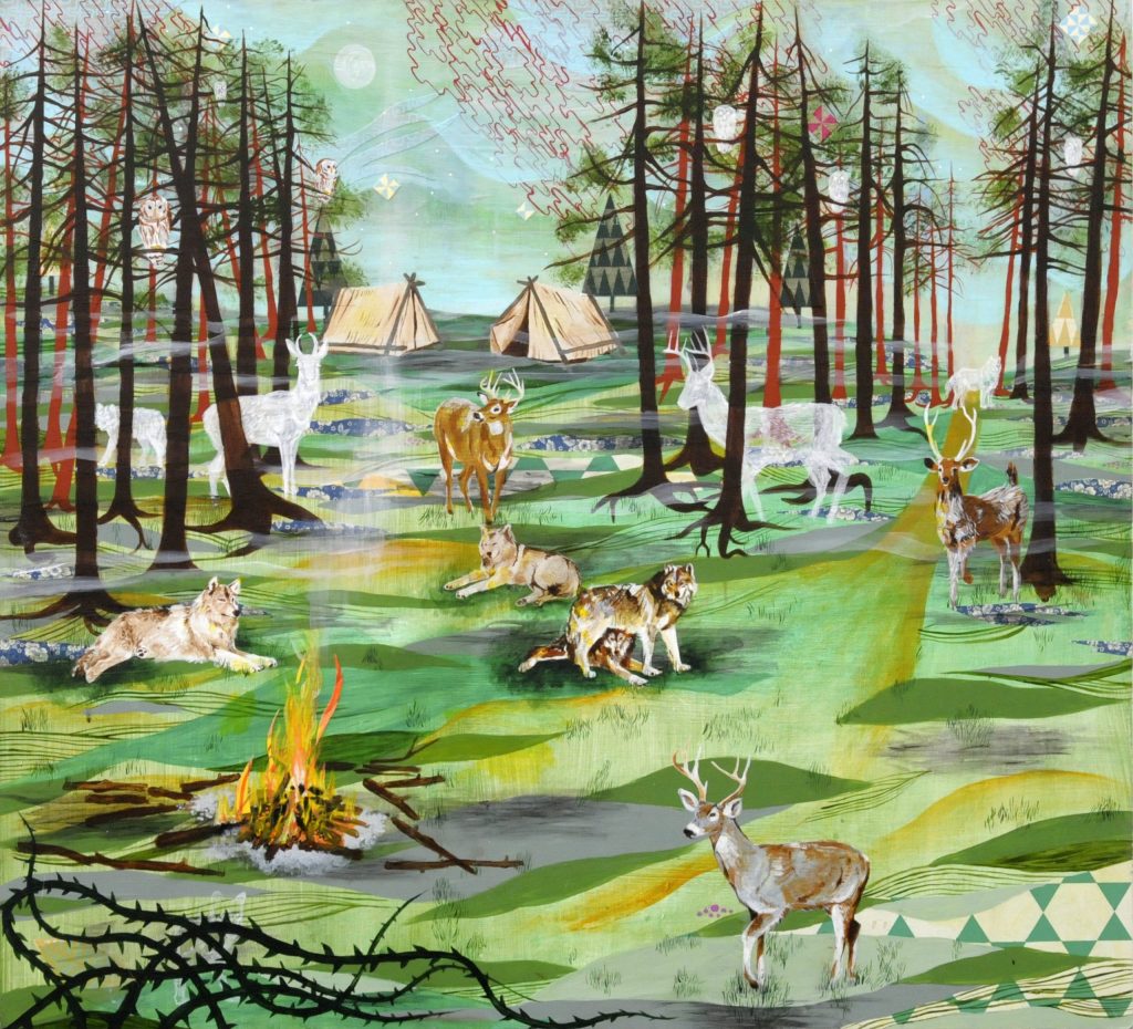 photo of mixed media on panel. A forest scene punctuated by not pine trees and various types of deer, wolves, and owls sprinkled throughout. In the background are 2 canvas pitched tents and a hint of a mountain range behind them.