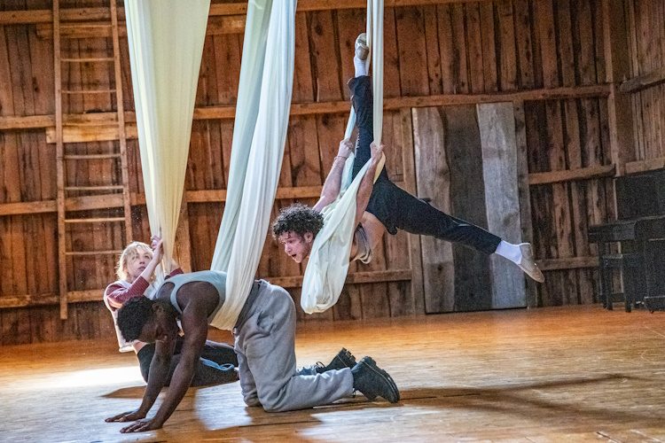 photo of three dancers using aerial silks in a performance.