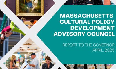 cover art with a grid of photos from various arts events and text overlaid Massachusetts Cultural Policy Development Advisory Council report to the Governor April 2025.