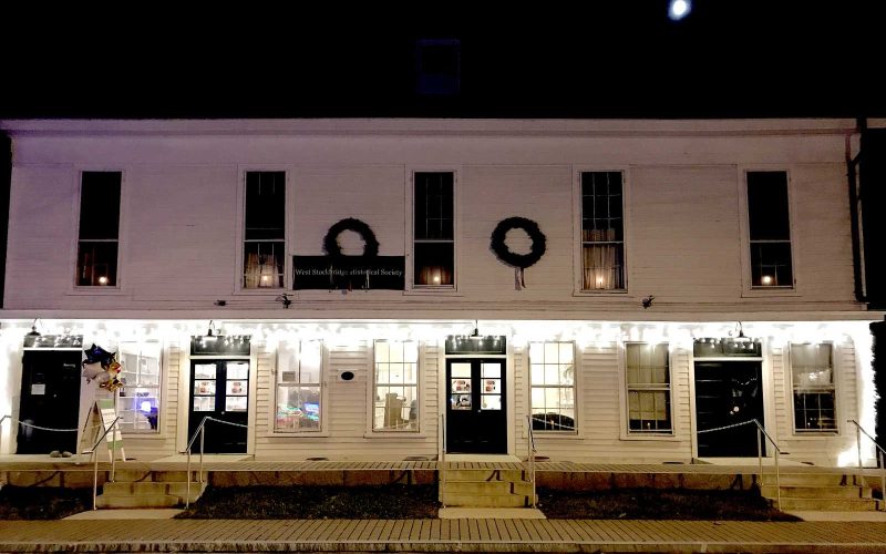 Front façade of the West Stockbridge Historical Society during the holidays