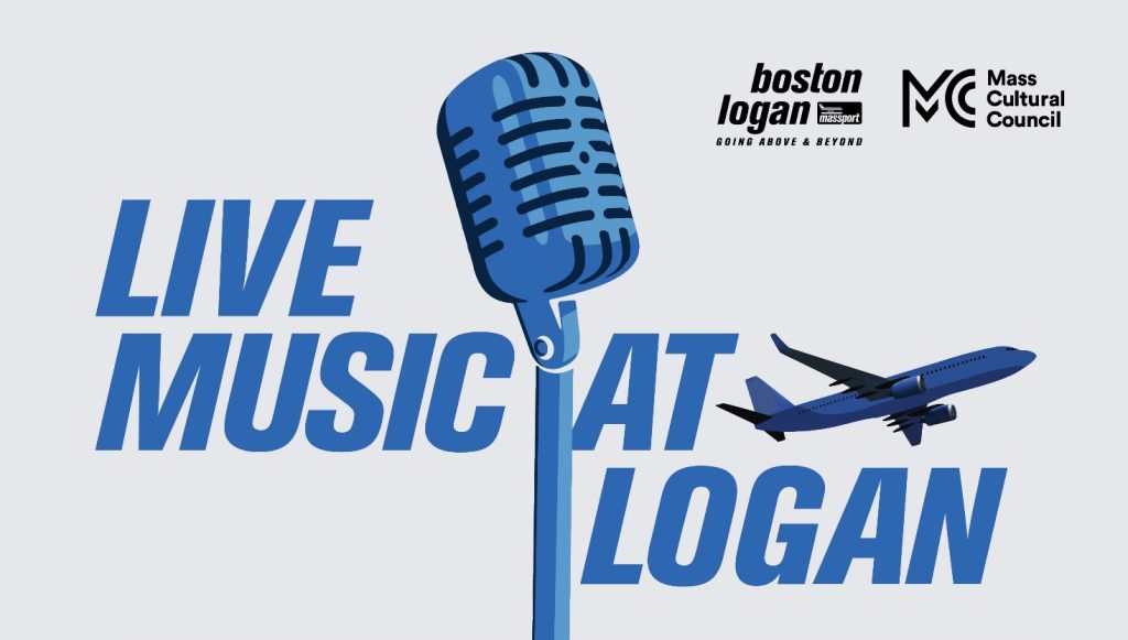a graphic with the text Live Music at Logan and and images of a microphone and airplane.