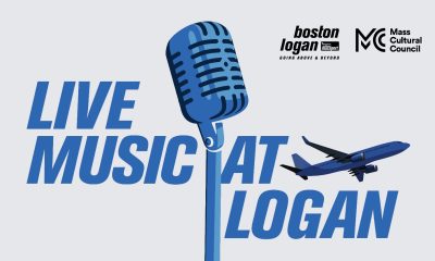 a graphic with the text Live Music at Logan and and images of a microphone and airplane.
