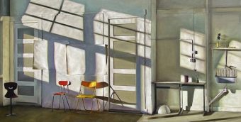 Serene photorealistic painting of an art studio lined with shadows.