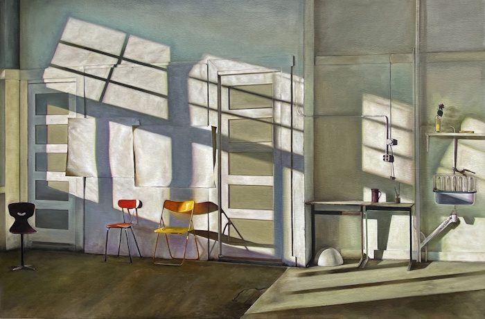 Serene photorealistic painting of an art studio lined with shadows.
